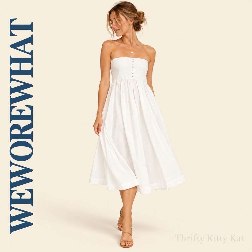 WeWoreWhat Strapless Cotton Midi Dress Smocked Button Front White Cottagecore S